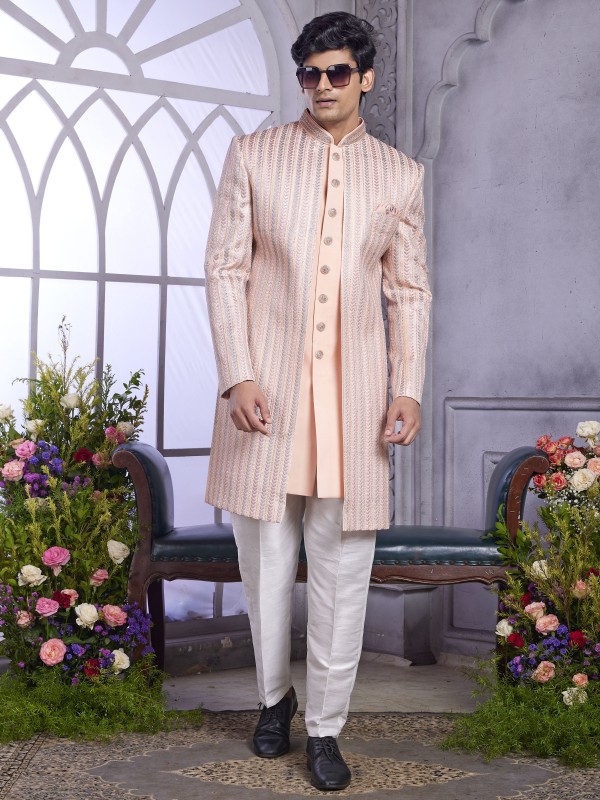 Art Silk Readymade Indowestern in Peach Color With Embroidery work 