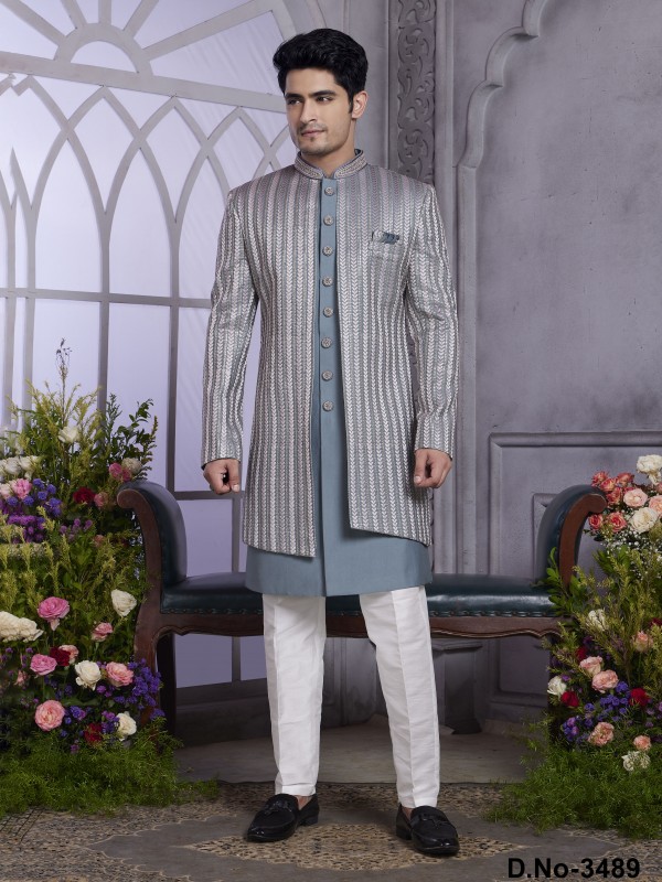 Art Silk Readymade Indowestern in Dark Grey Color With Embroidery work 
