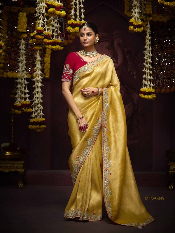 Kanjivaram Silk Wedding Wear Saree Yellow Color with Embroidery Work