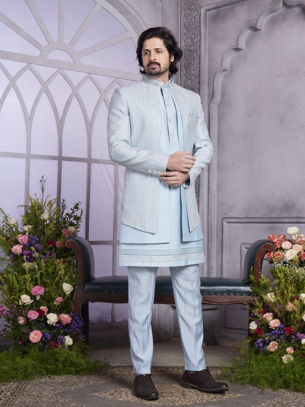 Art Silk Readymade Indowestern in Blue Color With Embroidery work 