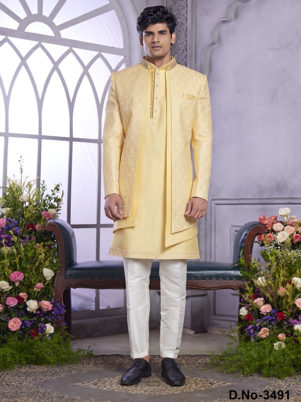 Art Silk Readymade Indowestern in Yellow Color With Embroidery work 
