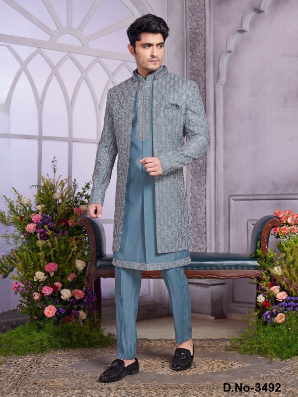 Art Silk Readymade Indowestern in Grey Color With Embroidery work 