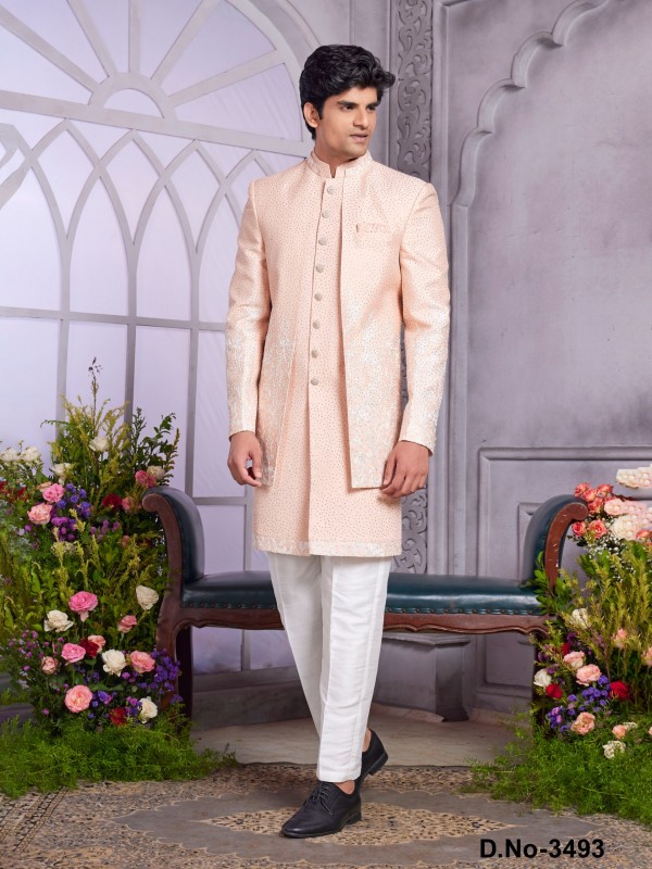 Art Silk Readymade Indowestern in Peach Color With Embroidery work 