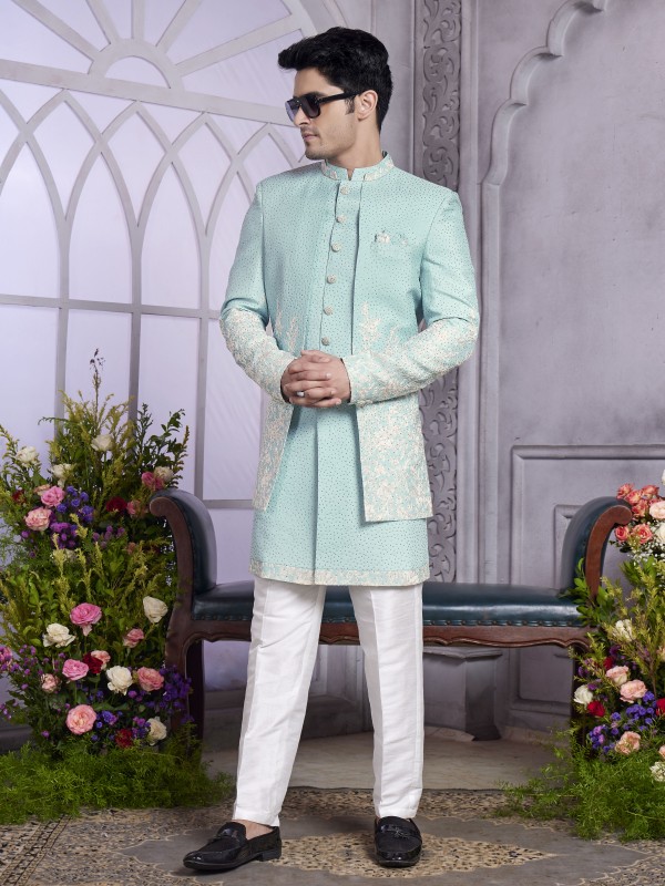 Art Silk Readymade Indowestern in Pista Green Color With Embroidery work 
