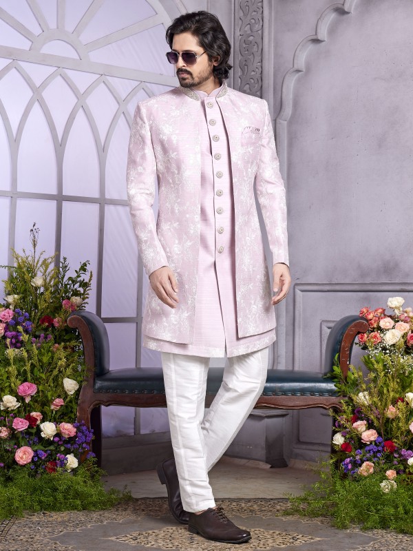 Art Silk Readymade Indowestern in Onion Pink Color With Embroidery work 