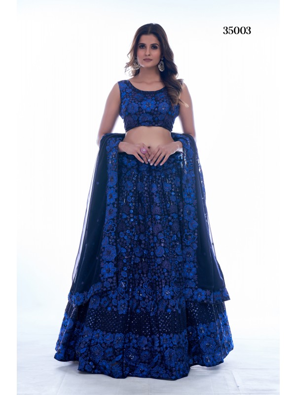 Georgette  Party Wear Lehenga In Blue With Embroidery Work