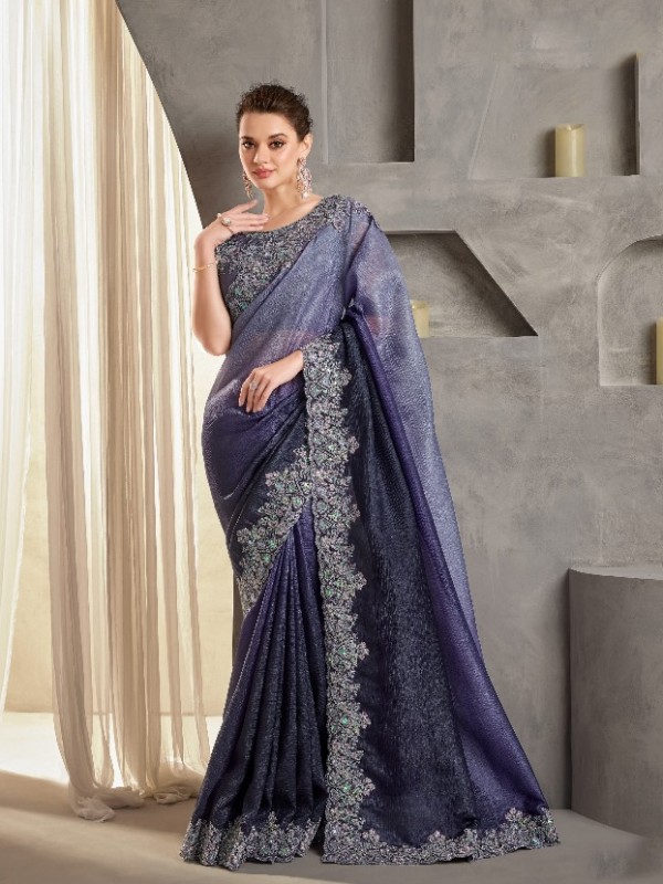 Soft Crush Silk Saree In Dark Purple Color With Embroidery Work