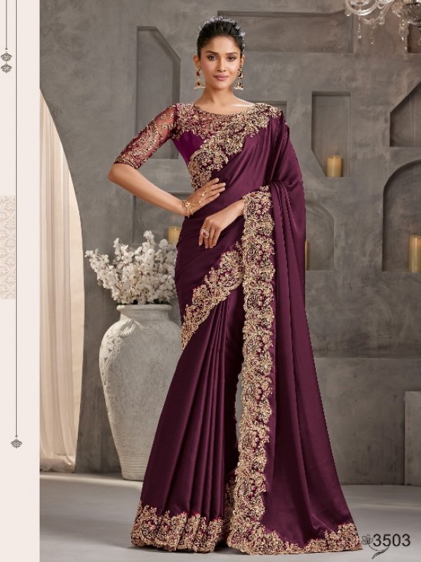 Soft Silk Saree In Burgundy Color With Embroidery Work