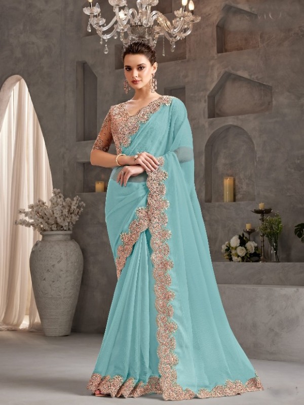 Creystal Chiffon Saree In Sky Blue Color With Embroidery Work