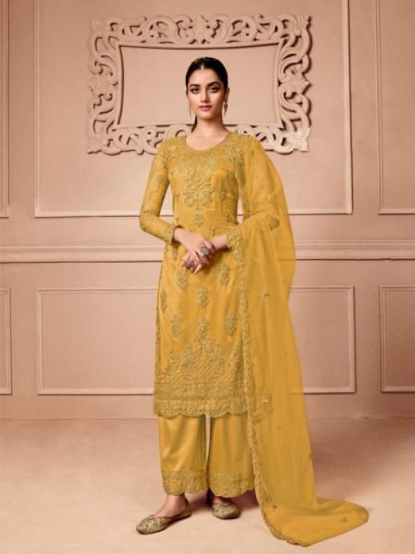 Butterfly Net Fabrics Party Wear Suit In Yellow Color With Embroidery Work