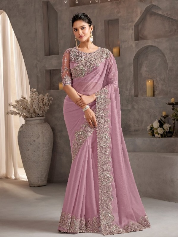 Creystal Chiffon Saree In Pink Color With Embroidery Work