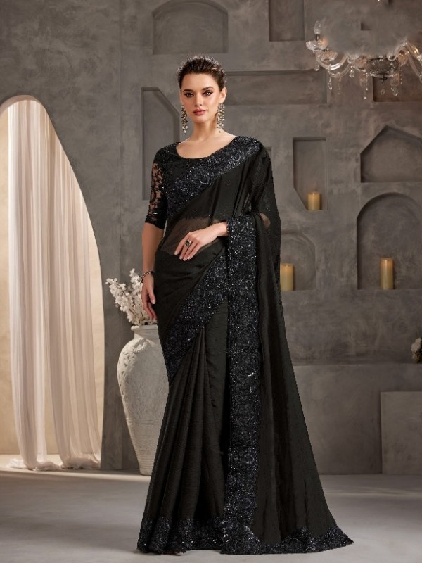 Creystal Chiffon Saree In Black Color With Embroidery Work