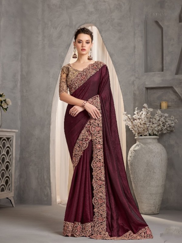 Soft Crush Silk Saree In Burgundy Color With Embroidery Work