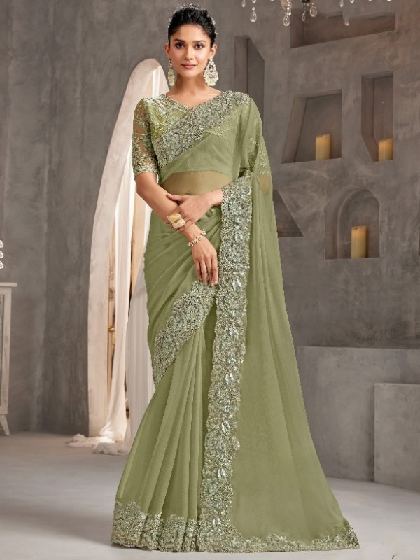 Creystal Chiffon Saree In Lime Green Color With Embroidery Work
