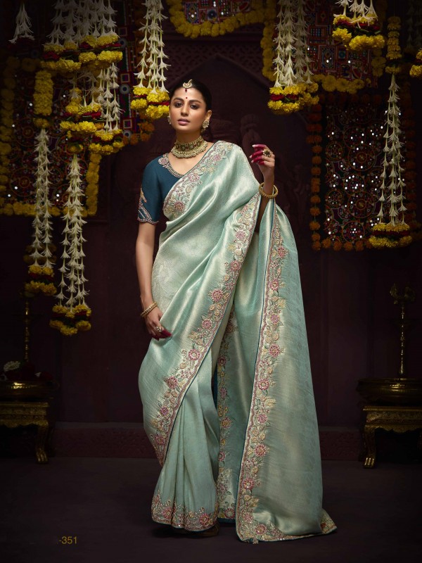 Kanjivaram Silk Wedding Wear Saree In Sea Green Color with Embroidery Work