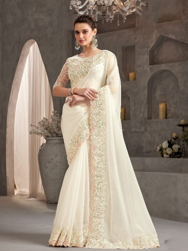 Creystal Chiffon Saree In Off White Color With Embroidery Work