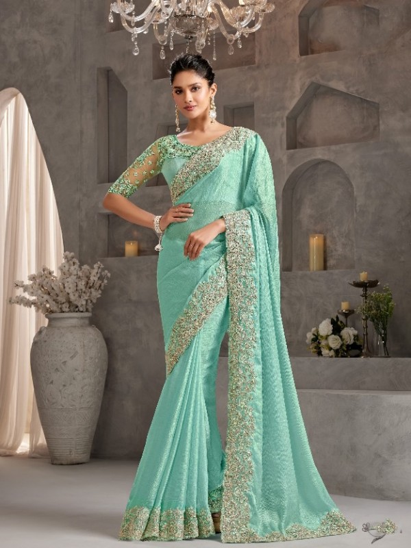 Creystal Chiffon Saree In Light Green Color With Embroidery Work