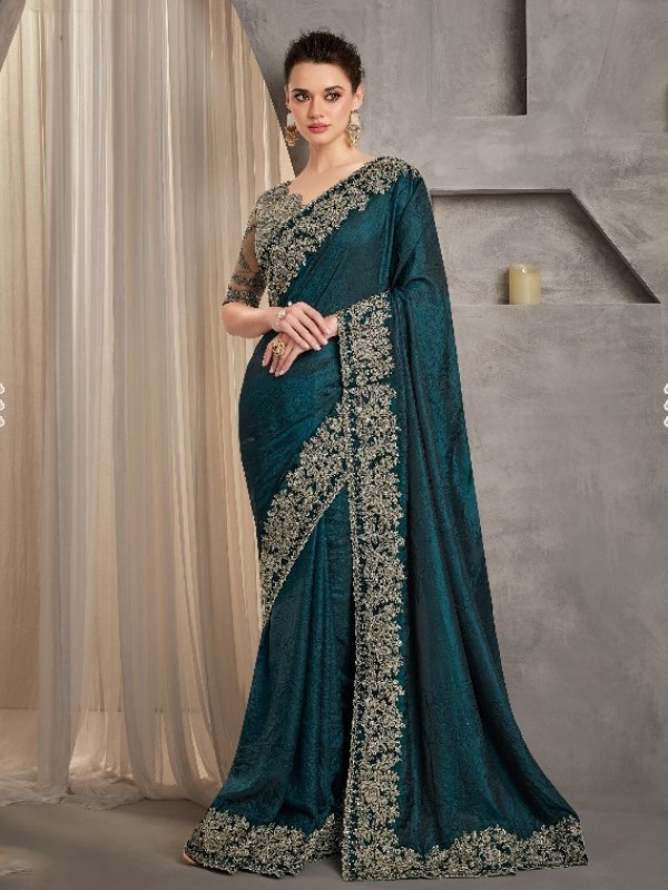 Soft Crush Silk Saree In Teal Color With Embroidery Work