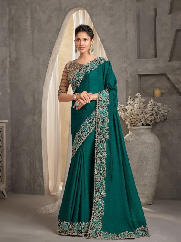 Georgette Silk Saree In Green Color With Embroidery Work