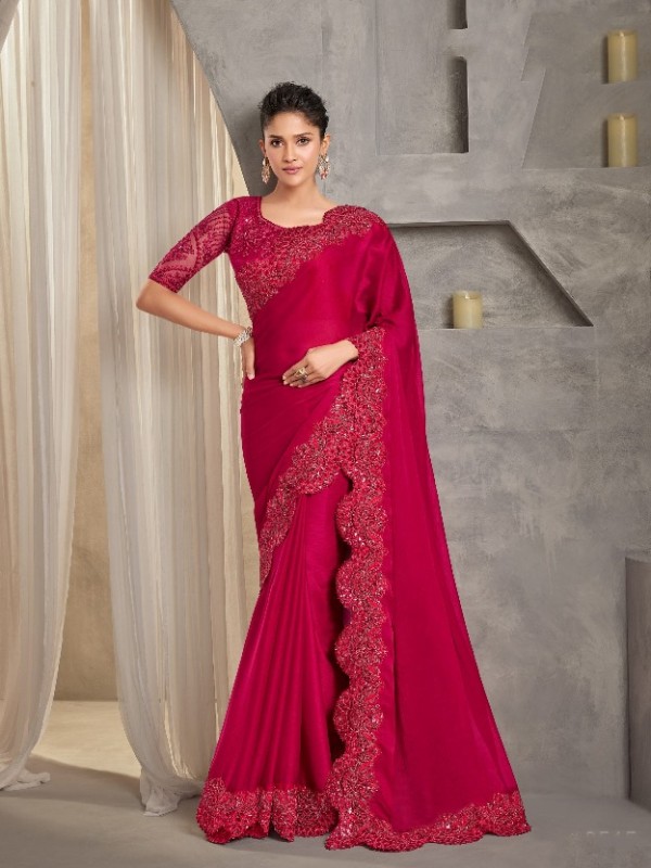 Georgette Silk Saree In Red Color With Embroidery Work