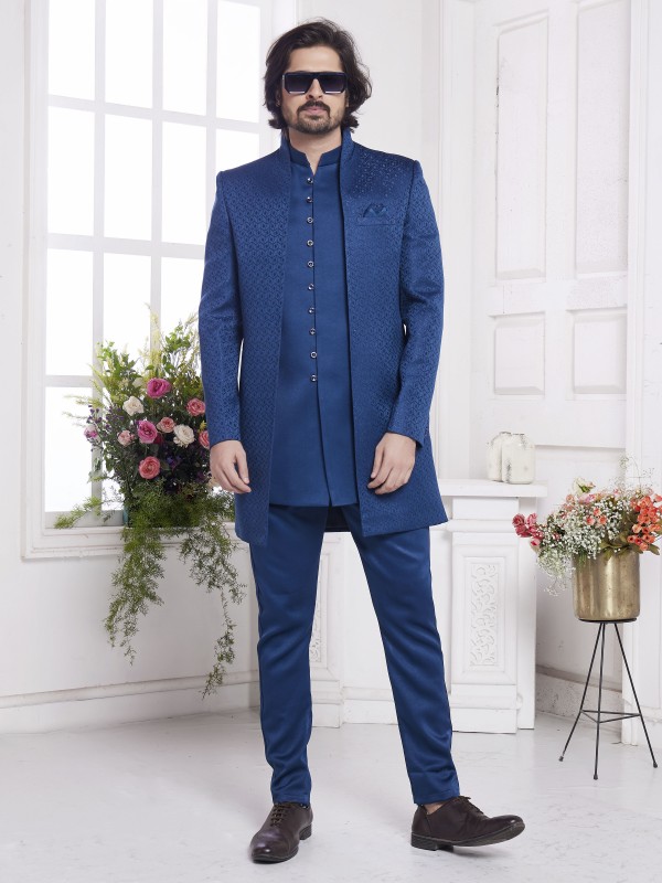 Imported Jaquard Silk Readymade Indowestern in Blue Color 