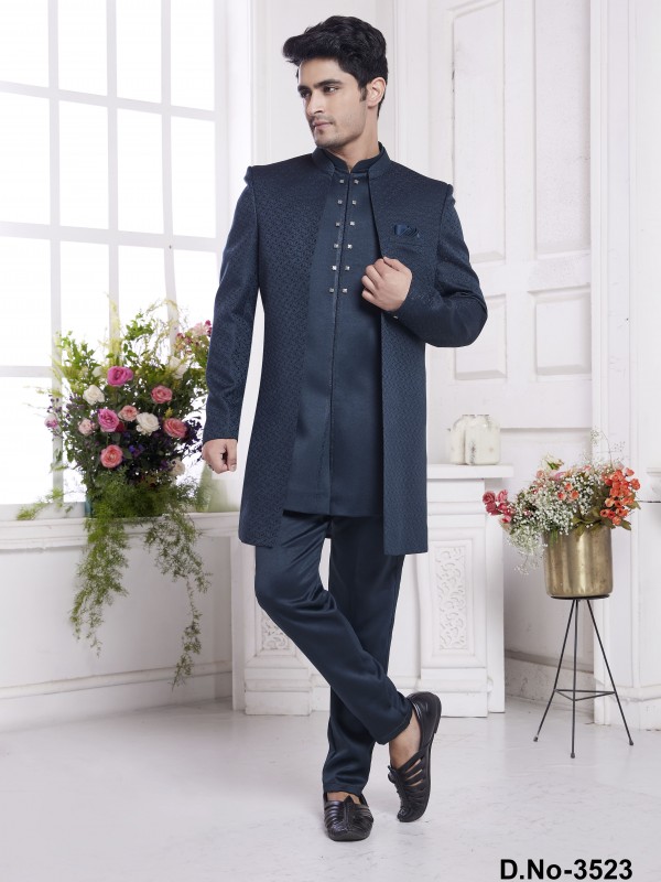 Imported Jaquard Silk Readymade Indowestern in Green Color 