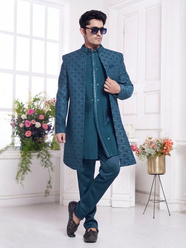 Imported Jaquard Silk Readymade Indowestern in Blue Color 