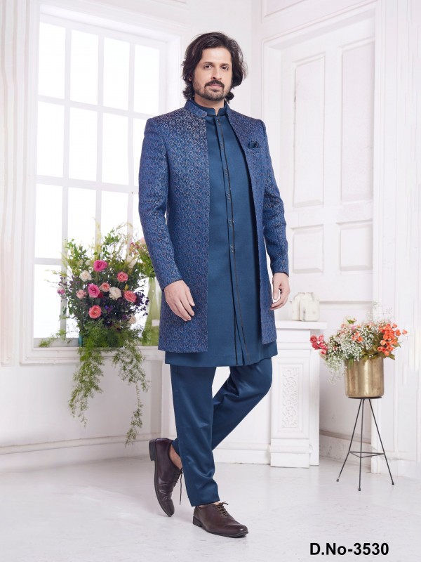 Imported Jaquard Silk Readymade Indowestern in Teal Green Color 