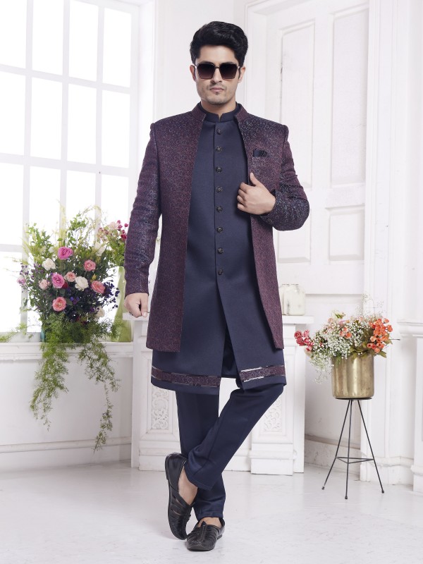 Imported Jaquard Silk Readymade Indowestern in Wine & Blue Color 