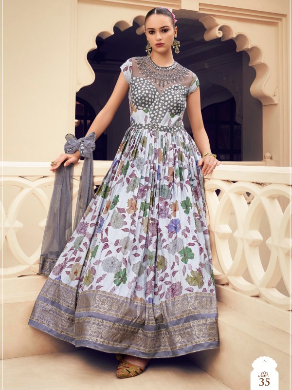 Pure Silk Weddomg Wear Gown Grey Color with Handwork Work