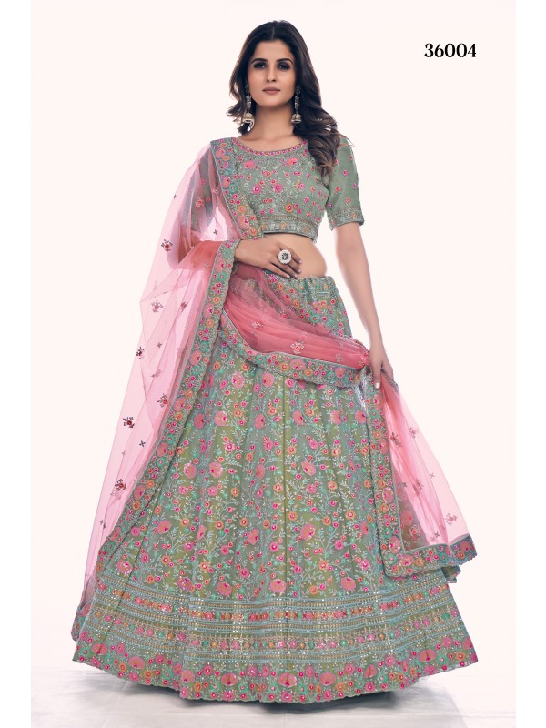 Silk  Party Wear Lehenga In Green Color  With Embroidery Work