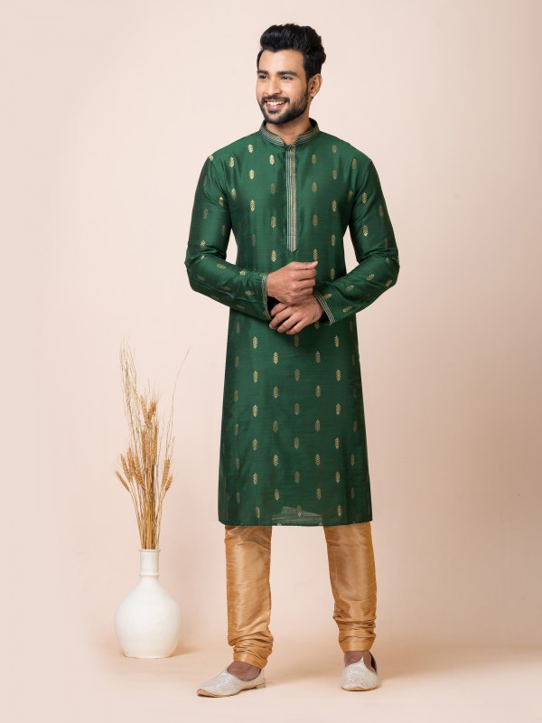 Cotton Jacquard Silk Readymade Kurta in Green Color 