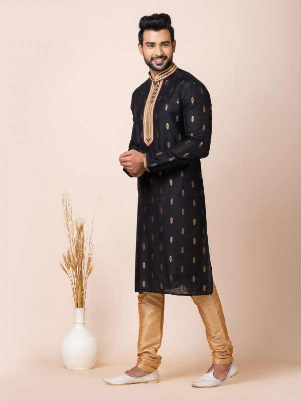 Cotton Jacquard Silk Readymade Kurta in Black Color 