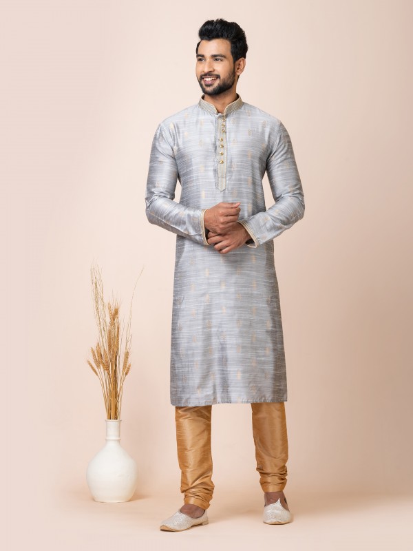 Cotton Jacquard Silk Readymade Kurta in Grey Color 