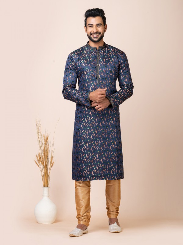 Jacquard Silk Readymade Kurta in Navy Blue Color 