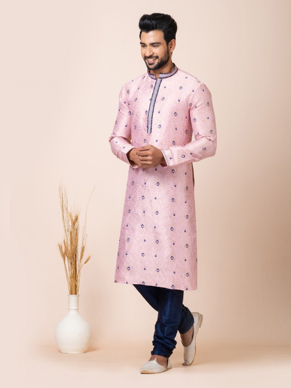 Jacquard Silk Readymade Kurta in Pink Color 