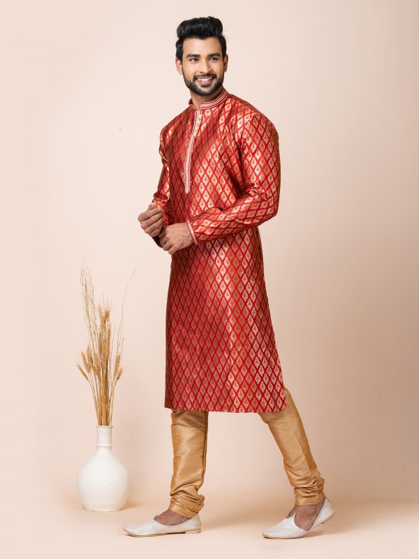 Jacquard Silk Readymade Kurta in Red Color 