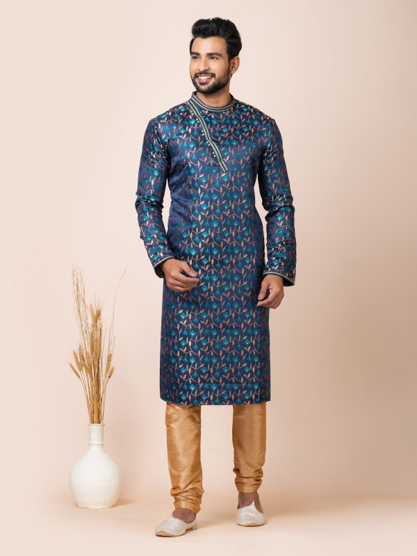 Jacquard Silk Readymade Kurta in Navy Blue Color 