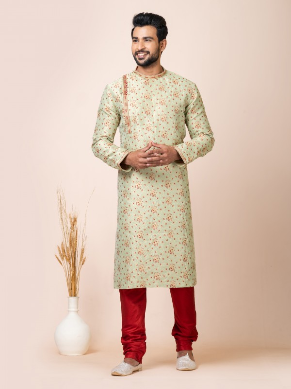 Jacquard Silk Readymade Kurta in Mint Green Color 