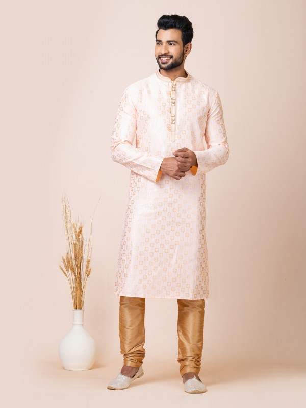 Jacquard Silk Readymade Kurta in Peach Color 
