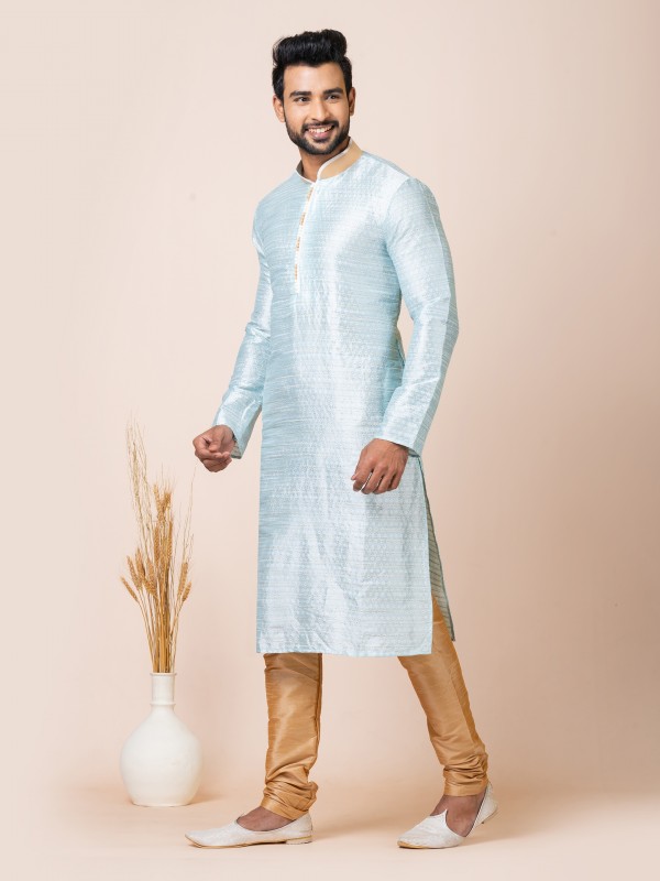 Jacquard Silk Readymade Kurta in Sky Blue Color 