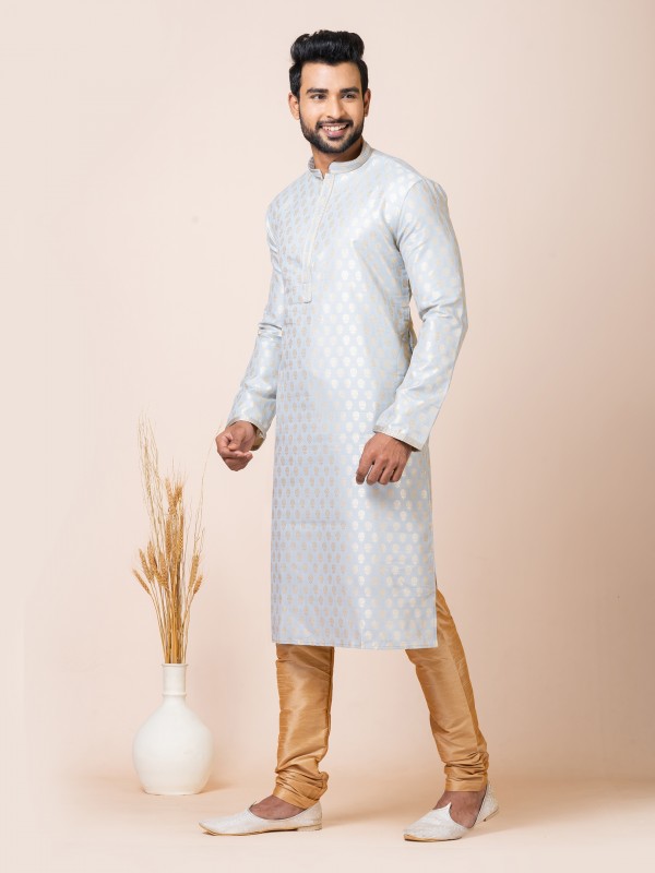 Jacquard Silk Readymade Kurta in Grey Color 