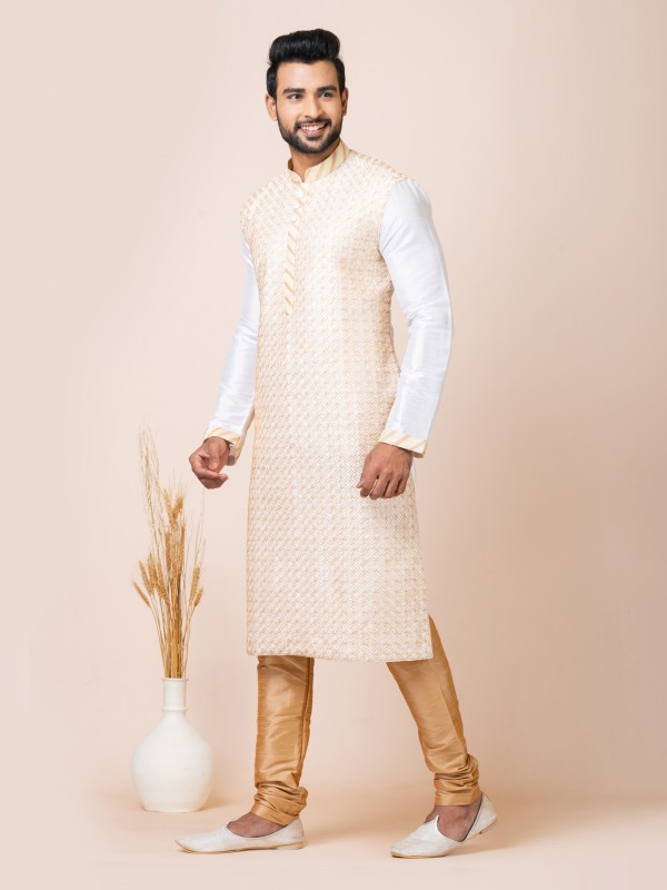 Banarasi Dhupion Silk Readymade Kurta in White Color 
