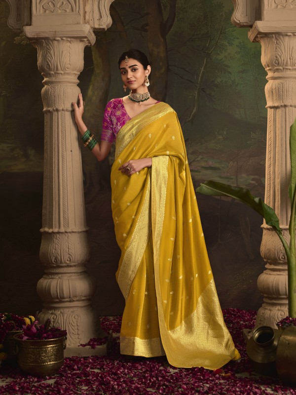 Pure Crape Dola Silk Wedding Wear Yellow Color 