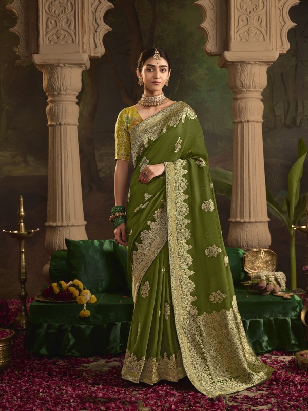 Pure Crape Dola Silk Wedding Wear Green Color 