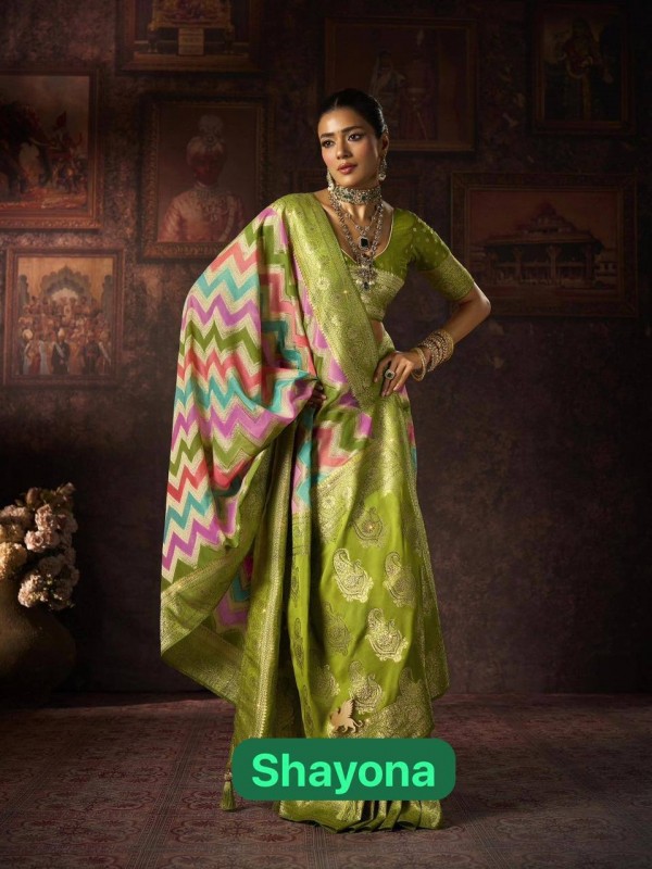 Fancy Silk Fabric Party wear Saree In Multi color with Swaroskvi Work 