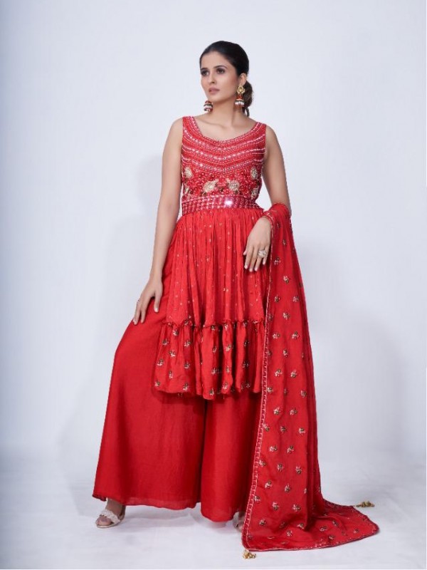Chiffon Party Wear Ready made Sarara in Red Color with  Embroidery Work