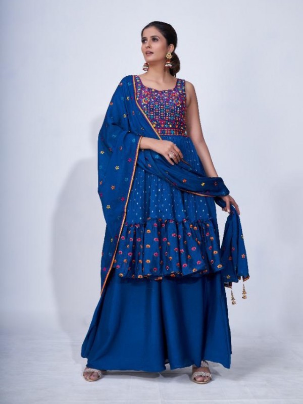 Chiffon Party Wear Ready made Sarara in Blue Color with  Embroidery Work
