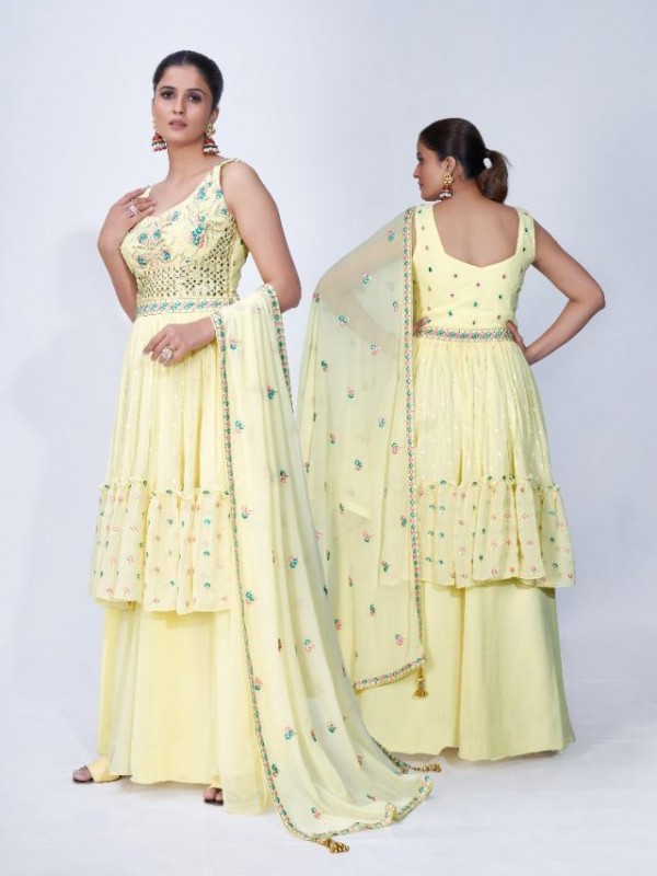 Chiffon Party Wear Ready made Sarara in Yellow Color with  Embroidery Work