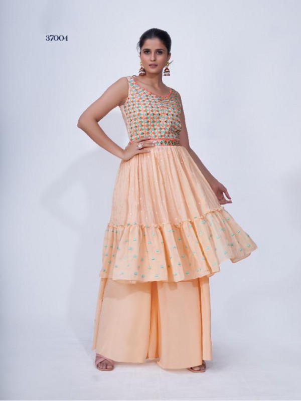 Chiffon Party Wear Ready made Sarara in Peach Color with  Embroidery Work
